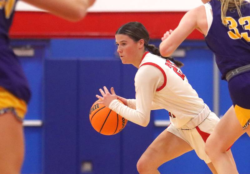 Huntley’s Aubrina Adamik moves the ball against Hononegah in girls basketball at Dundee-Crown High School in Carpentersville on Tuesday, November 25, 2025.