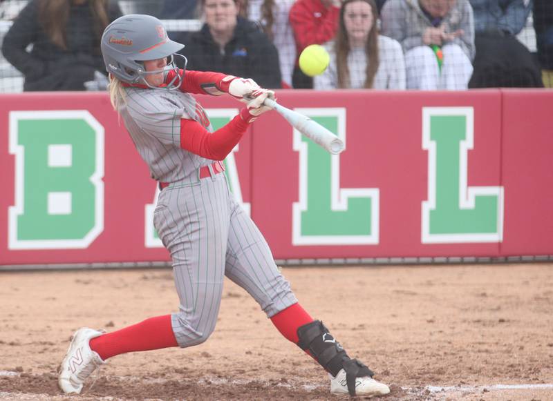 L-P's Karmen Piano smacks a solo home run against Ottawa on Monday, April 21, 2025 at the L-P Athletic Complex in La Salle.