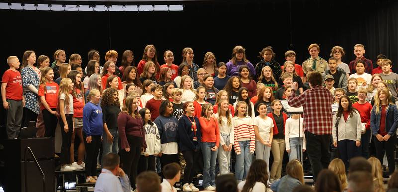Members of the Parkside 5th and 6th grade choir perform "One Great Nation" during the Veterans Day program on Tuesday, Nov. 11, 2025 in Peru.