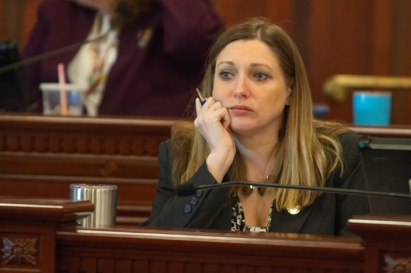 Sen. Rachel Ventura, D-Joliet, listens to a budget update in a Senate committee on Wednesday, May 13, 2026