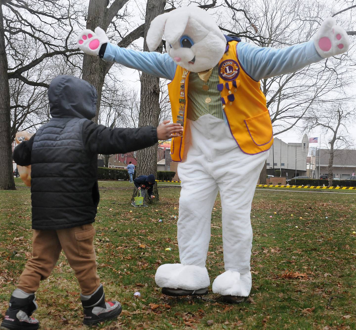 The Easter Bunny greets children Saturday, April 1, 2023, at City Park in Streator during and after the Hardscrabble Lions Easter egg hunt.