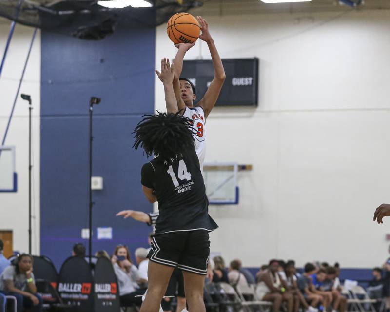 Oswego's Ethan Vahl (3) shoots a jumper in their Riverside-Brookfield Shootout basketball game.  June 20, 2025 in Riverside.