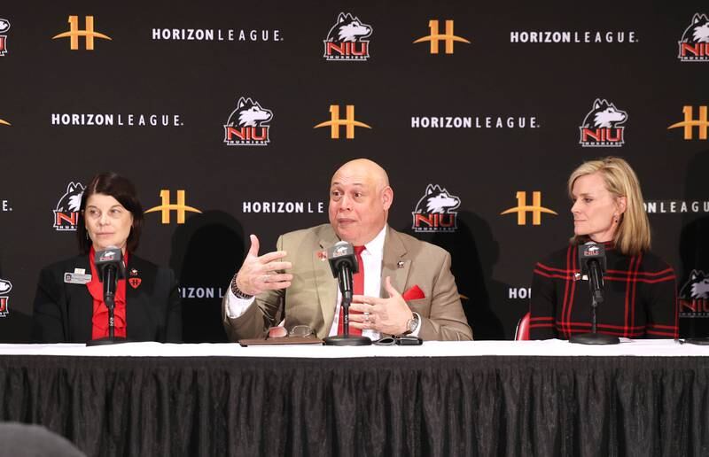 Northern Illinois University President Lisa Freeman, (left) Sean Frazier, NIU vice president and director of athletics, and recreation, and Horizon League Commissioner Julie Roe Lach (right) speak during a press conference Thursday, Feb. 27, 2025, at the Convocation Center to announce that NIU will be joining the Horizon League starting with the fall 2026 season for most sports other than football.