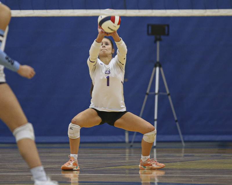 Downers Grove North's Angelika Krob (1) sets up a shot during Class 4A Lyons Sectional Semifinal volleyball match between Downers Grove South at Downers Grove North. Nov 4, 2025 in La Grange.