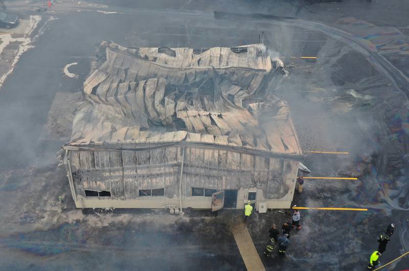 An aerial view of a fire at Conroy's Automotive and 24 Hour Towing building on Wednesday, Nov. 6, 2024 in Ottawa. Fire departments from Wallace, Grand Ridge, Senera, Seneca, Utica and Peru all responded to the blaze.