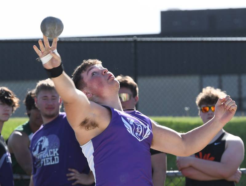 Dixon's Owen Sage watches the shot put leave his hand as he competes at the Big Northern Conference Meet at Stillman Valley on Thursday, May 14, 2026.