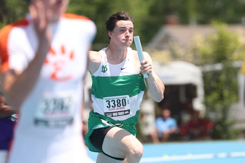 York’s Leo Glennon sprints to the finish line in the Class 3A 4x100 Relay State Finals on Saturday, May 27, 2023 in Charleston.