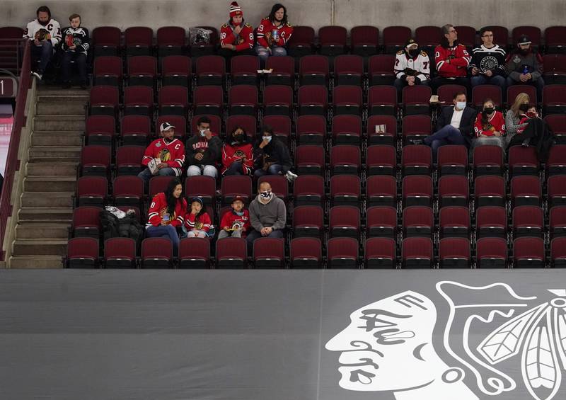 Fans watch during the third period of an NHL hockey game between the Dallas Stars and the Chicago Blackhawks in Chicago, Sunday, May 9, 2021. (AP Photo/Nam Y. Huh)