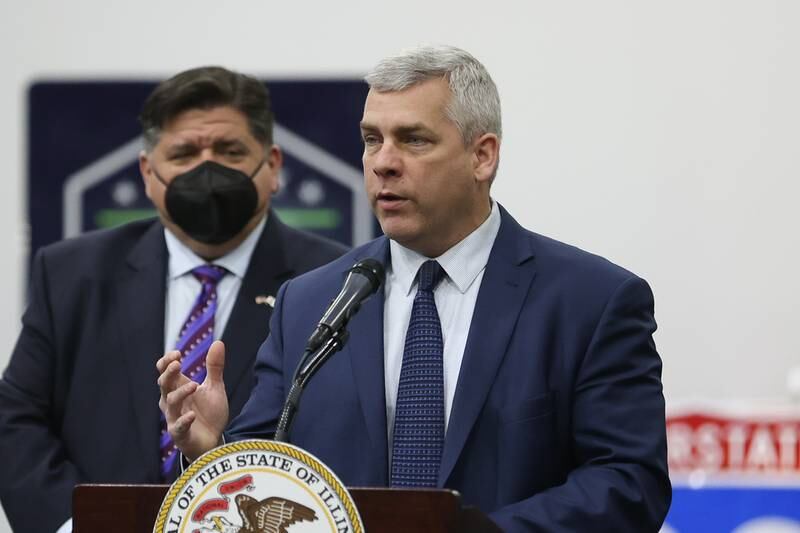 Joliet Mayor Bob O'Dekirk speaks about the Rebuild Illinois project and more specifically the extension of Houbolt Road, as Governor J.B. Pritzker listens, during a press conference held at Joliet Junior College. Thursday, Jan. 20, 2022 in Joliet.