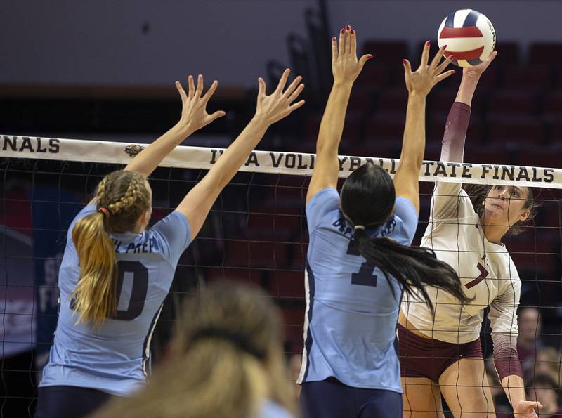 Prairie Ridge's Maizy Agnello hammers a shot against DePaul College Prep Saturday, Nov. 16, 2024, in the Class 3A third place state volleyball match at CEFCU Arena in Normal.