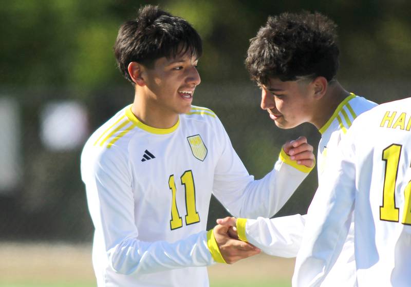 Harvard’s Diego Ramirez, left, is greeted by Jonathan Roldan after scoring against Cary-Grove in IHSA Class 2A Regional Title Game soccer action on Saturday, Oct. 26, 2024, at  Harvard Junior High School  in Harvard.