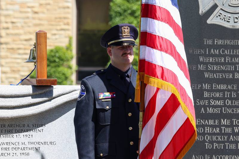 Manteno Police Sgt. Chris Reynolds stands at attention as part of the Kankakee County Area Honor Guard during the Kankakee County Law Enforcement Memorial on Thursday, May 14, 2026, at the Kankakee County Courthouse.