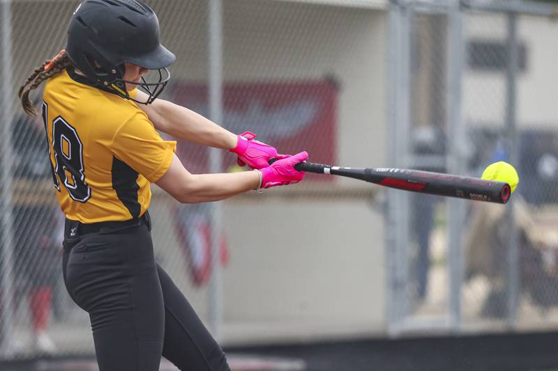 Joliet West's Madaline Woods (18) pulls a pitch during softball game between Joliet West at Yorkville on Wednesday, April 30, 2025 in Yorkville.