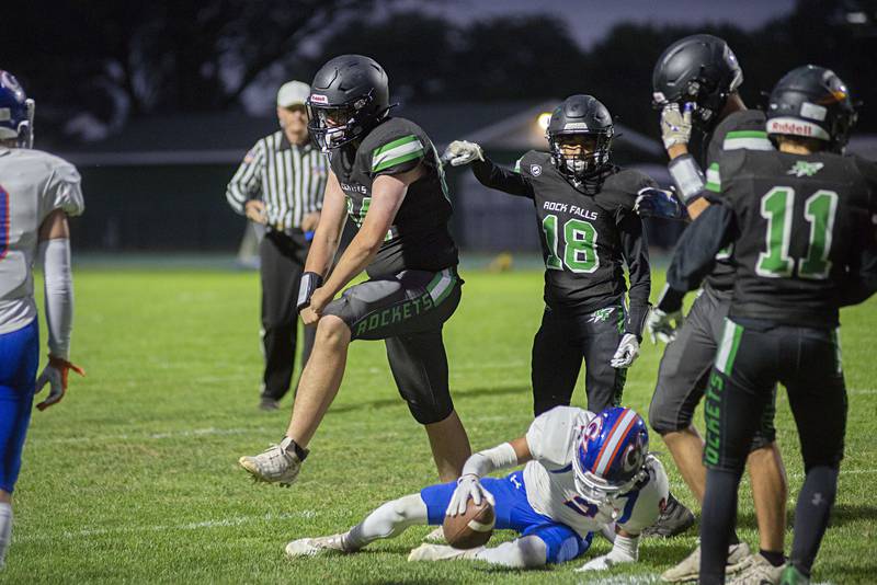 Rock Falls’ Thomas Lewis celebrates a backfield tackle Friday, Sept. 23, 2022 against Genoa-Kingston.