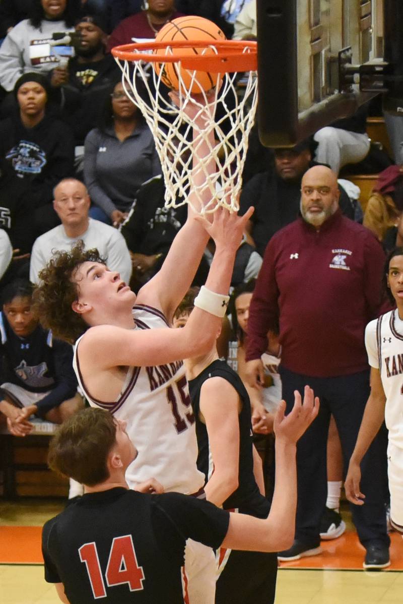 Kankakee's Eli Stipp puts up a layup during the Kays' IHSA Class 3A Washington Sectional semifinal against Metamora Tuesday, March 4, 2025.