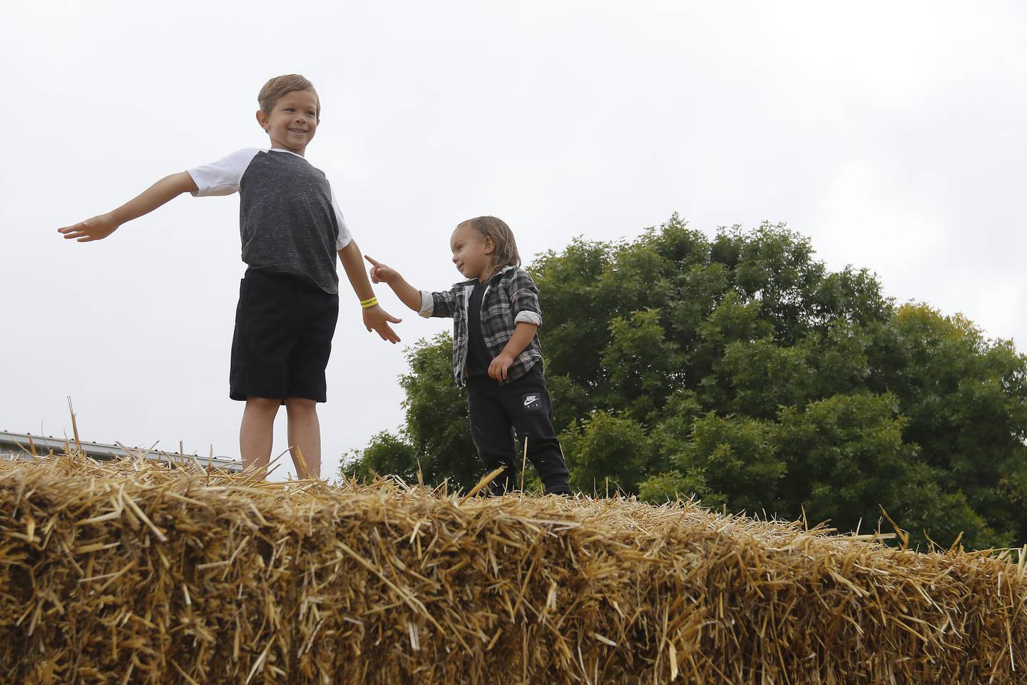 Caden Laxner, 6, and friend Henry Olszewski, 2, both of Huntley, enjoy their time atop a hay pile during the Fall on the Farm event at Tom's Market on Saturday, Oct. 2, 2021 in Huntley.  The month-long event began on Friday and will conclude Oct. 31.