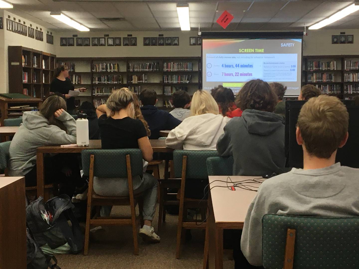 Aileen Koesche, Lincoln-Way Central’s media center director, gives a presentation to students about media literacy.
Photo courtesy of Lincoln-Way Community High School District 210