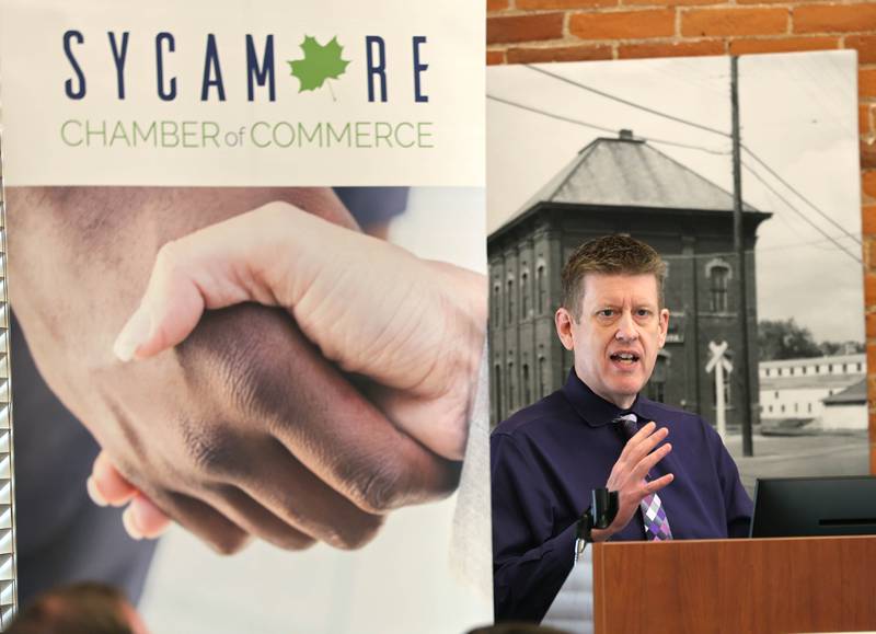 Sycamore City Manager Michael Hall speaks Wednesday, May 6, 2026, during the State of the Community Address hosted by the Sycamore Chamber of Commerce in the DeKalb County Community Foundation Freight Room.