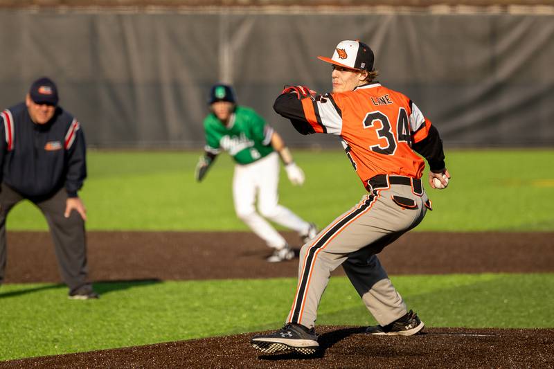 Nolen Lane (34) of Beecher pitches on Friday, April 11, 2025 at Seneca High School in Seneca.
