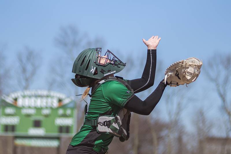 Rock Falls' Olivia Osbourne camps under a pop-up for an out against Ottawa Saturday, April 9, 2022.