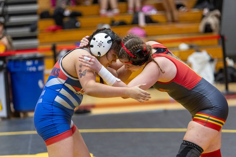 Batavia's Norah Stoodley competes with West Aurora's Raysa Castaneda in the 140 lb class at the Batavia Girl's Invitational on Friday, Jan. 16,2026 in Batavia.