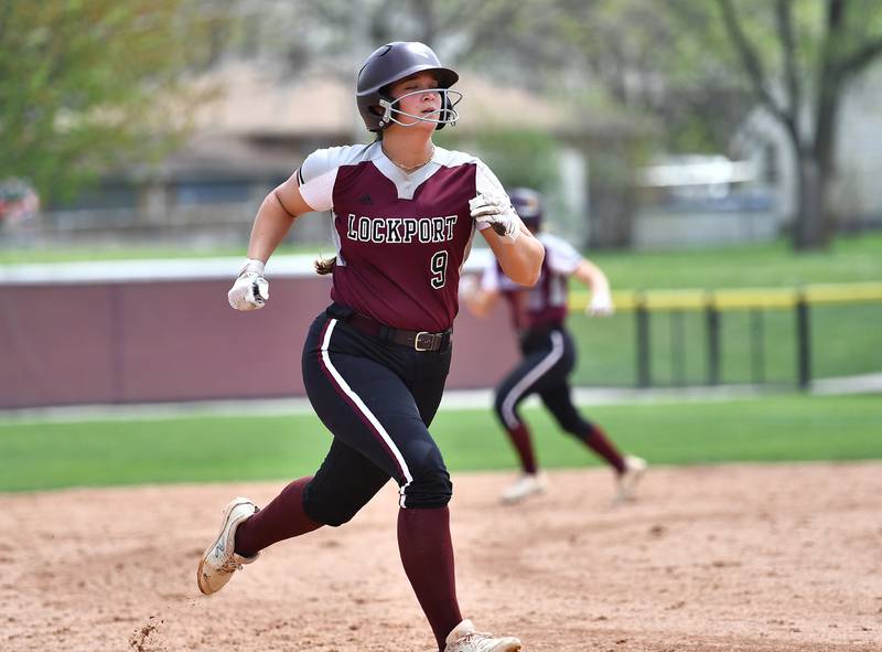 Lockport's Ava Swain running to home plate during the non-conference game against Marengo on Saturday, April. 27, 2024, at Lockport.