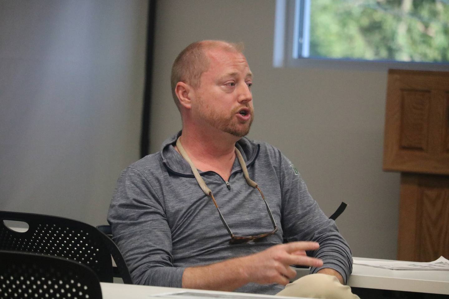 City Engineer Zac Gill speaks Aug. 3, 2023 at a DeKalb Sixth Ward meeting held at the DeKalb Police Department.