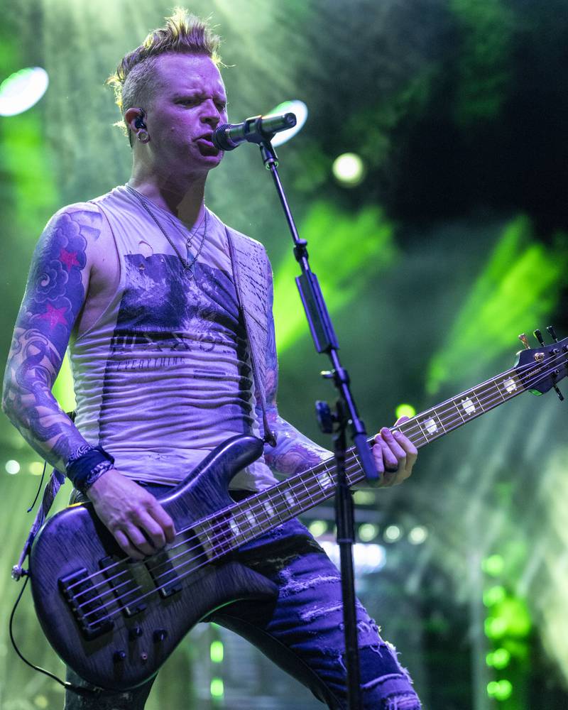 Mike Rodden of Hinder performs for fans at Streatorfest on August 1, 2024.