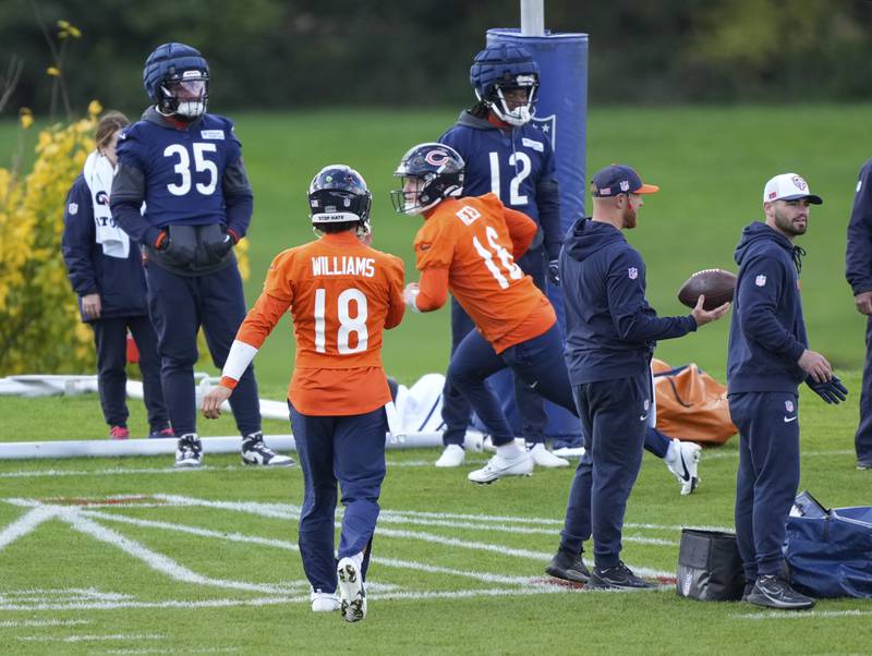 Chicago Bears quarterback Caleb Williams (18) during a training session in Ware, England, Thursday, Oct. 10, 2024, ahead of the game between the Chicago Bears and the Jacksonville Jaguars at Tottenham Hotspur Stadium on Sunday. (AP Photo/Sean Ryan)