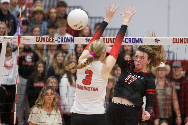 Huntley's Georgia Watson sends a kill shot past Barrington's Hope Regas at the Class 4A Super Sectional Final on Friday, Nov. 4,2022 in Dundee.