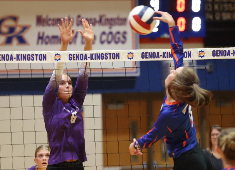 Genoa-Kingston's Annabelle Peters tries to spike the ball by Rochelle's Briel Metzger during their match Monday, Sept. 15, 2025, at Genoa-Kingston High School.
