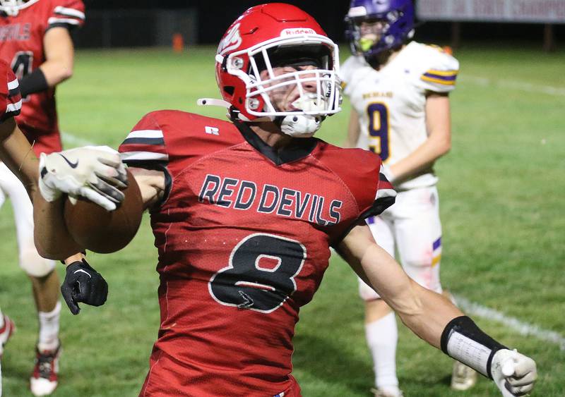 Halls Braden Curran reacts after scoring a touchdown against Sherrard on Friday, Sept. 19, 2025 at Richard Nesti Stadium.