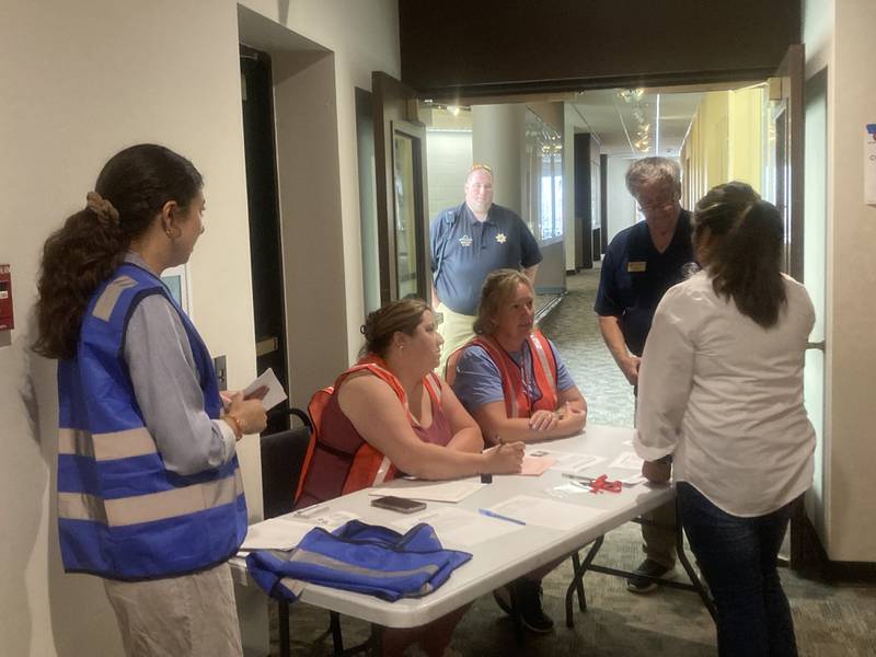 Will County Emergency Management Agency employees act as "accountants" checking to verify the location of students during an emergency training program for first responders and local school personnel at University of St. Francis in Joliet on Wednesday, July 23, 2025.
