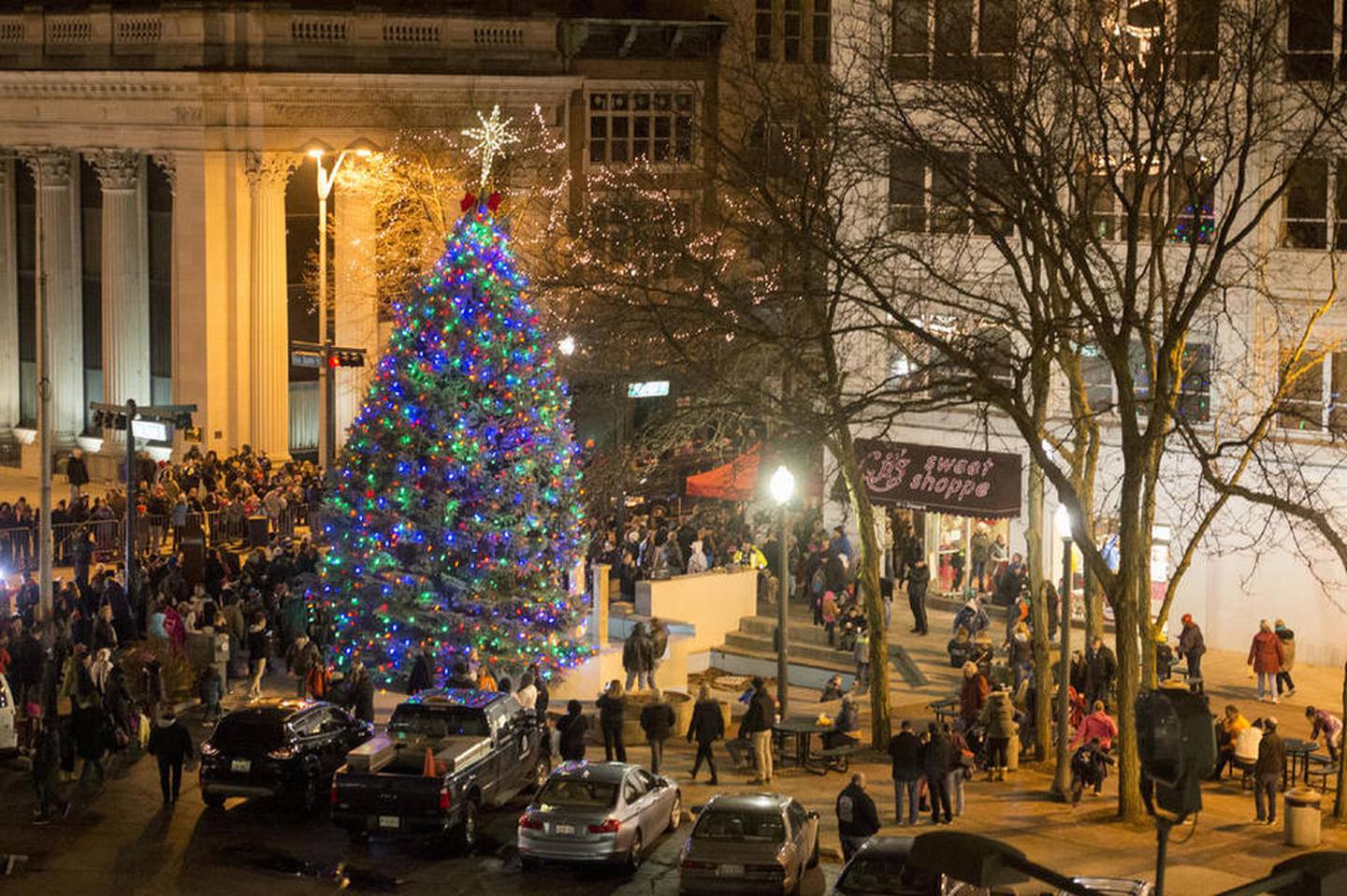 The city Christmas tree is lit during the Light Up the Holidays festivities Friday in Joliet.