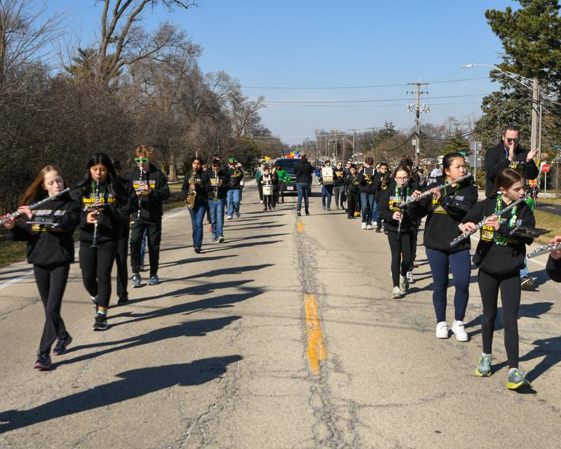 District 105 Marching band marches down the St. Patrick’s Day parade route in Countryside on Saturday March 2, 2024.