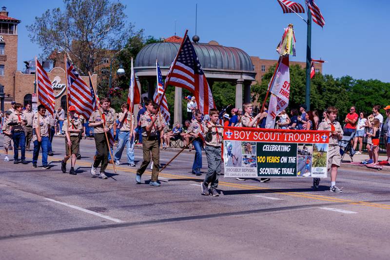 Boy Scout Troop 13 walks in the Memorial Day parade on Monday, May25,2026 in St. Charles.