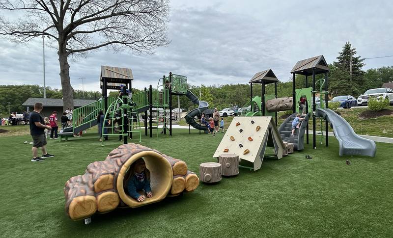 The new playground at Park East Inland Side recreation area includes features for kids ages 2-5 and 5-12. It was a popular place for kids at the Oregon Park District's grand opening celebration for the upgraded park on Monday, May 18, 2026.