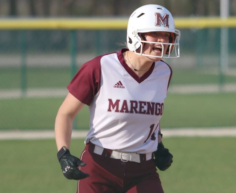 Marengo’s Kylee Jensen celebrates the second of her two home runs against Richmond-Burton in varsity softball on Tuesday, April 22, 2025, at Marengo High School in Marengo.