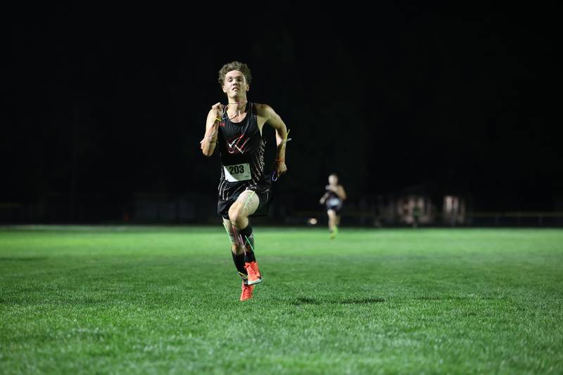 Bradley-Bourbonnais' Blake Cirar nears the finish line during the All-City cross country meet at Bishop McNamara on Wednesday, Sept. 17, 2025.