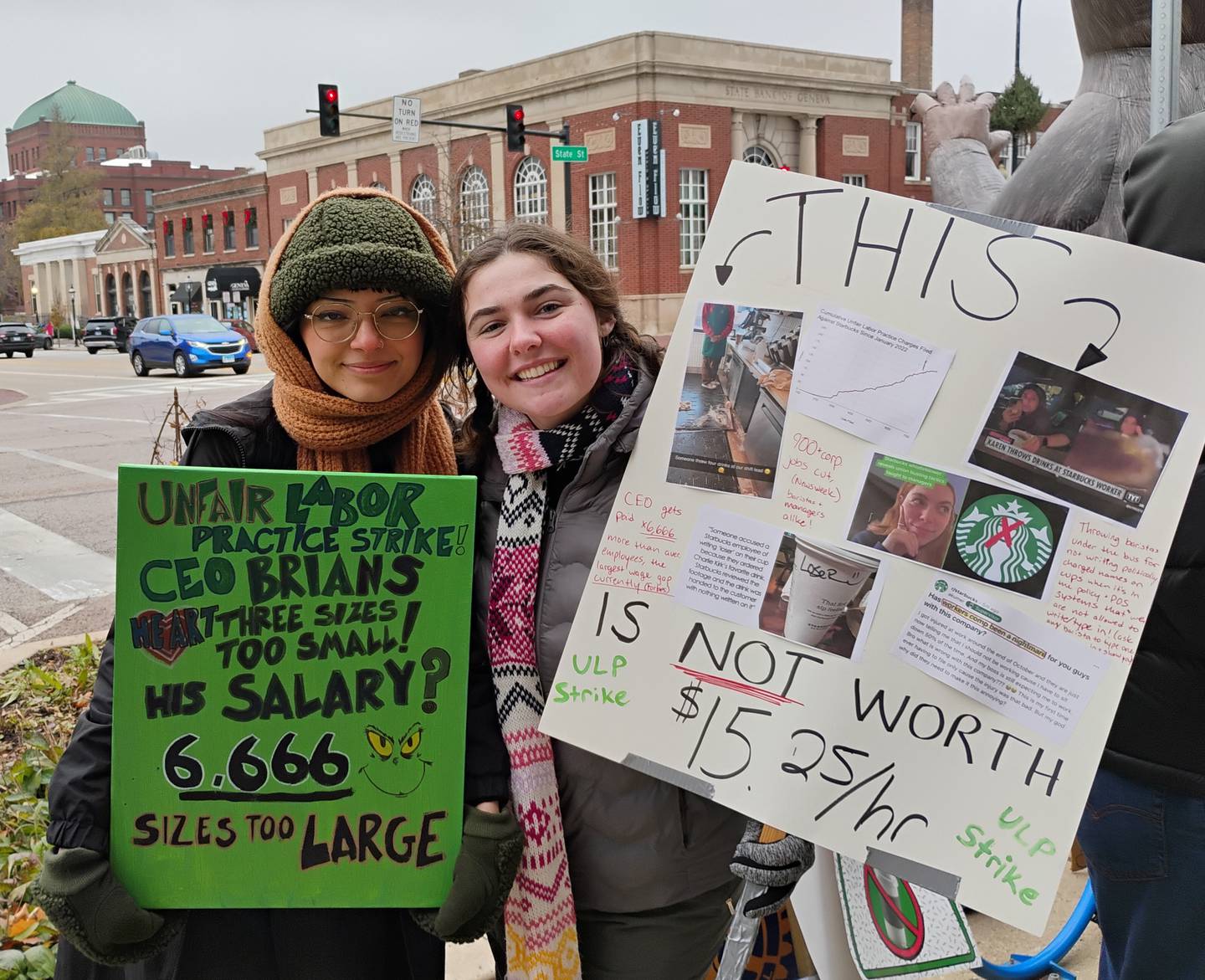 Striking Starbucks baristas Hannah Decker of North Aurora and Emily Reyes of Elgin picketed the Geneva store on Wednesday, Nov. 19.
