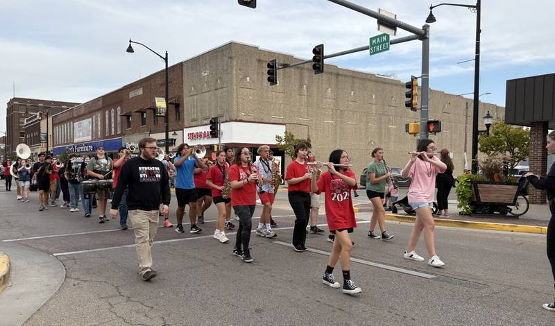 The Streator High School marching band performs during the school’s homecoming parade Wednesday, Oct. 1, 2025, in downtown Streator.