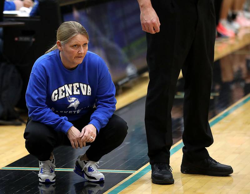 Geneva Head Coach Sarah Meadows watches from the sidelines during the IHSA Class 3A Woodstock North Supersectional girls basketball game against St. Viator on Monday, March 2, 2026, at Woodstock North High School.