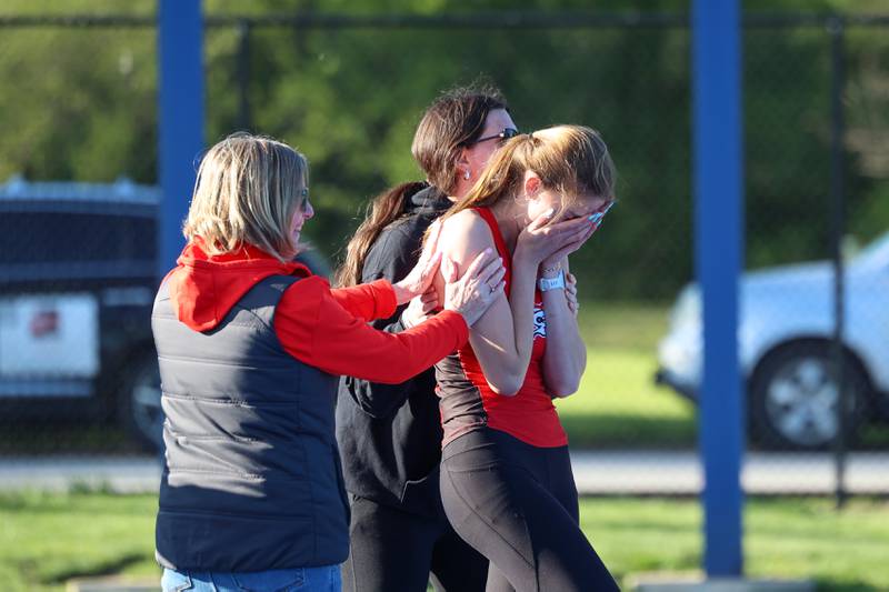 Lincoln-Way Central's Nicole Demma reacts after qualifying for state in the high jump during the IHSA Class 3A Chicago Heights Girls Track and Field Sectional at Bloom High School on Wednesday, May 13, 2026.