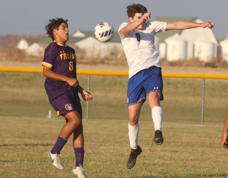 Princeton's Chase Sims misses a header as Mendota's Ramio Palacios knocks it down during the Class 1A Regional final game on Tuesday, Oct. 22, 2024 at Serena High School.