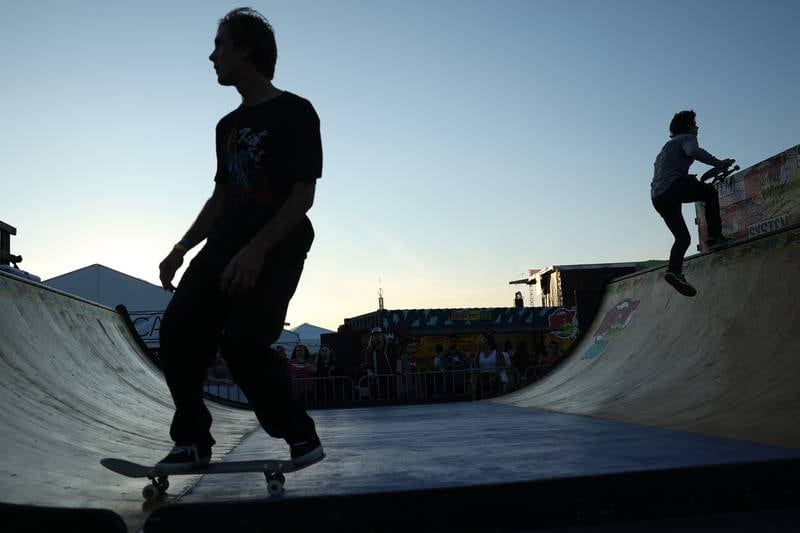 Skateboarders ride on half pipe set up at the festival on day one of Riot Fest, Friday, Sept. 15, in Chicago.