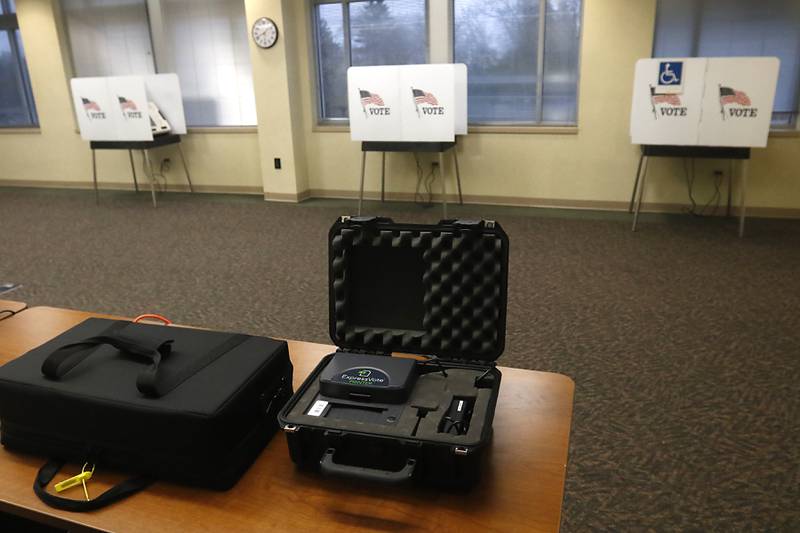 Voting machines are set up on Wednesday, Feb. 22, 2023, inside the McHenry County Administration Building in Woodstock. Early voting starts on Feb. 23 for the April 4 consolidated election.