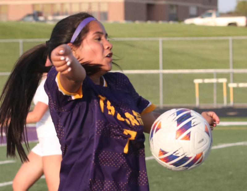 Mendota's Crystal Garcia knocks the ball down against Princeton during the Class 1A Regional semifinal game on Tuesday, May 9, 2023 at Mendota High School.