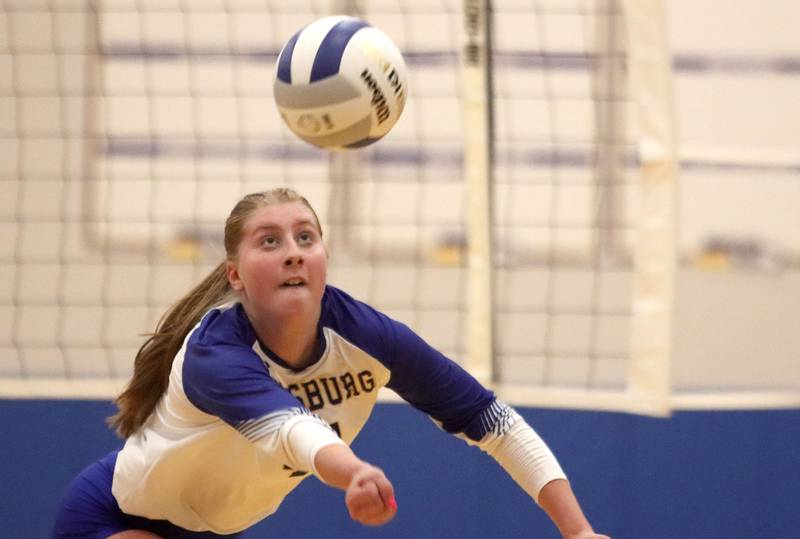 Johnsburg’s Adelaide Bruns lunges for the ball against Richmond-Burton in varsity girls volleyball at Johnsburg High School in Johnsburg on Thursday, August 25, 2025.