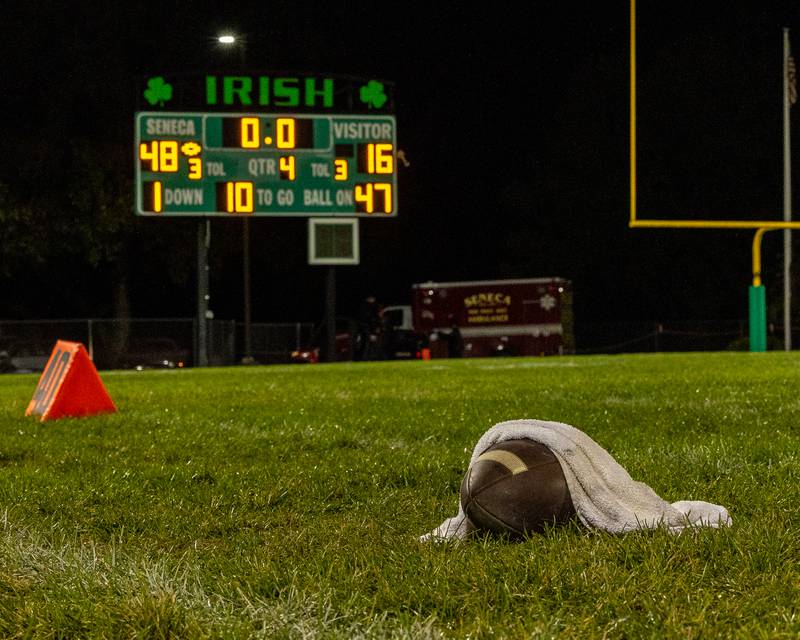 Ball lies on ground covered by towel after Seneca defeats St. Bede 48-16 on Friday, Oct. 10, 2025 at Seneca High School in Seneca.