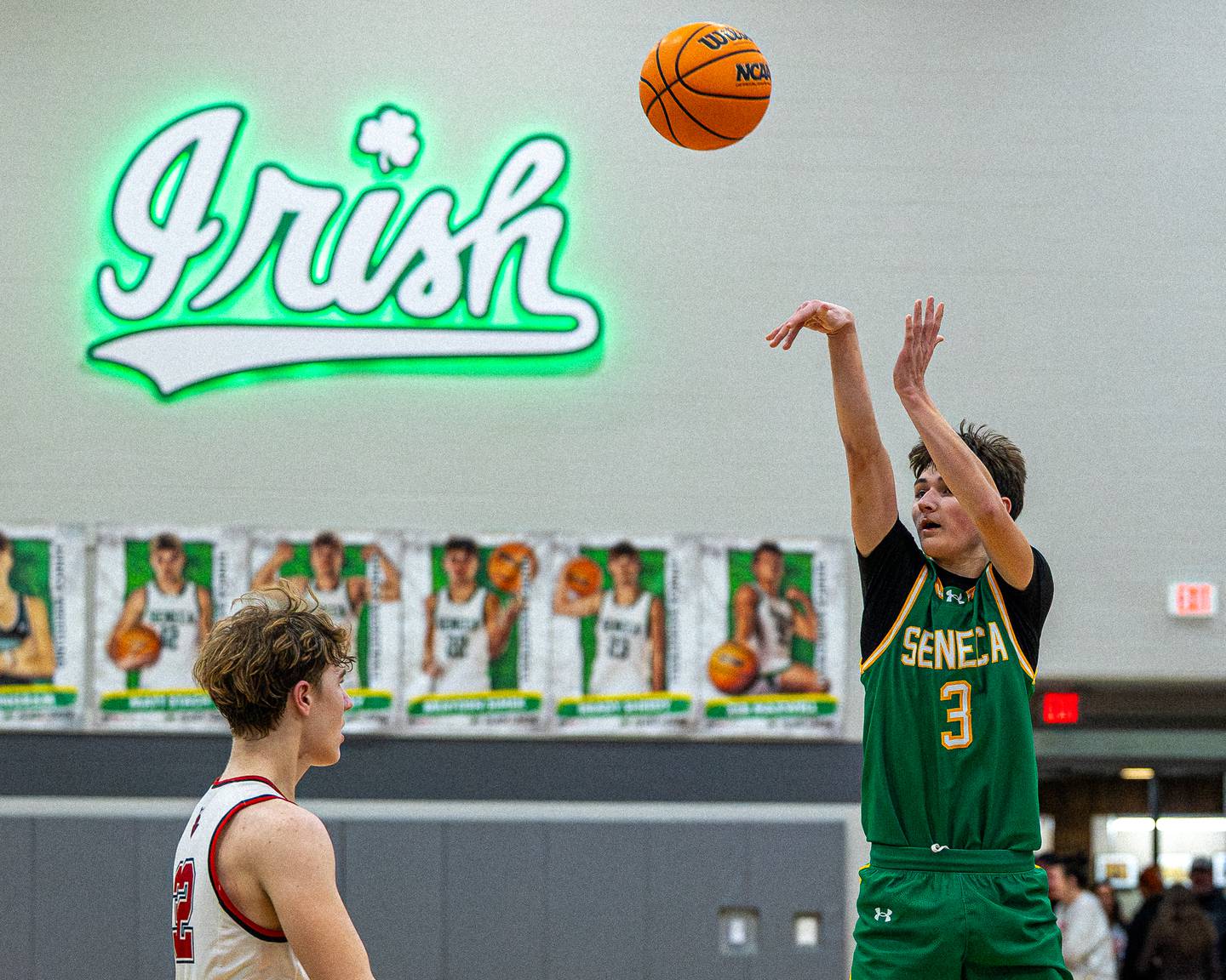 James Zydron (2) of Seneca shoots 3-pointer in the Shipyard Showdown on Tuesday, December 23, 2025 at Seneca High School in Seneca.